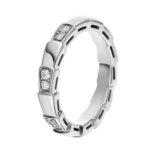 BVLGARI/寶格麗 Serpenti Viper經(jīng)典款18K金白金鑲鉆 窄版蛇形戒指 353384