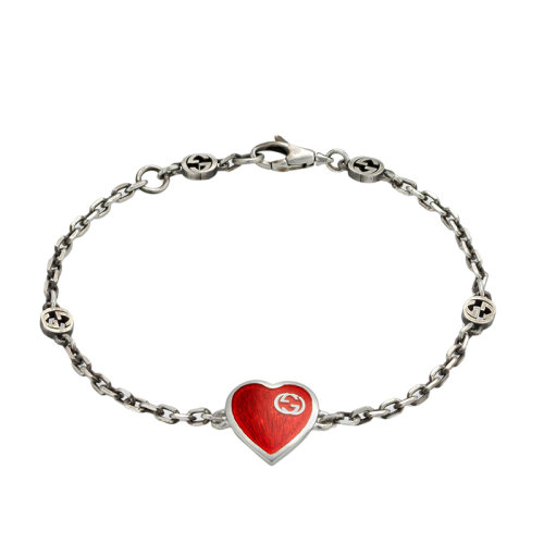 GUCCI/古馳  925銀紅色琺瑯銀色雙G心型掛墜手鏈645546J89B41192