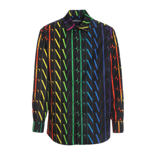 Valentino/華倫天奴 男士黑色多色尼龍經(jīng)典彩色字母徽標(biāo)印花系扣長袖上衣襯衣襯衫 VV3CIA99-6G4-20K