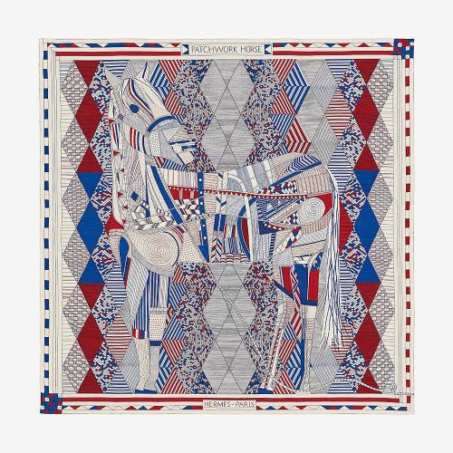 HERMES/愛馬仕  圍巾/披肩披肩 拼布馬披肩140羊絨和真絲披肩，帶有手卷邊緣（70％的羊絨，30％的真絲）奈杰爾·皮克（Nigel Peake）設計灰/海軍藍 均碼