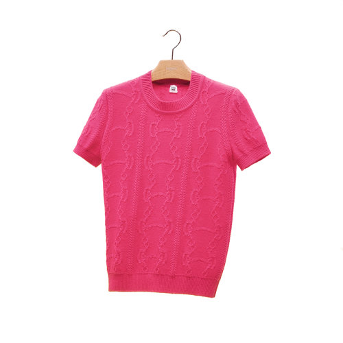 HERMES/愛(ài)馬仕 22年秋冬新款 女士粉色羊毛混紡主題印花編織圓領(lǐng)短袖毛衣H2H2666D65742