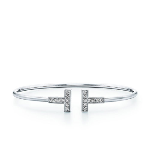Tiffany & Co./蒂芙尼 經(jīng)典Tiffany T系列 18K金白金鑲嵌鉆石T形Wire手鐲GRP07783