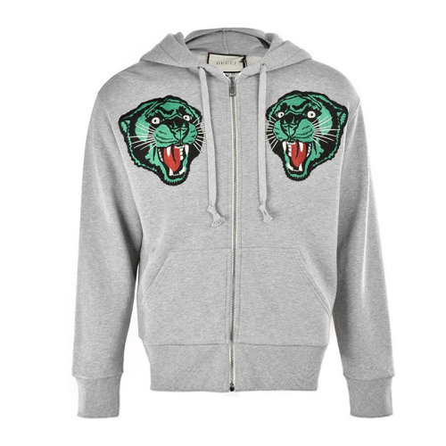 GUCCI/古馳  男裝 服飾灰色棉質(zhì)連虎頭刺繡連帽短款外套男士夾克