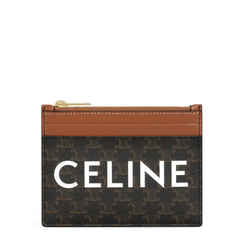 CELINE/賽琳 男士黃褐色老花帆布小羊皮飾邊拉鏈卡包10F672CQ6.04LU