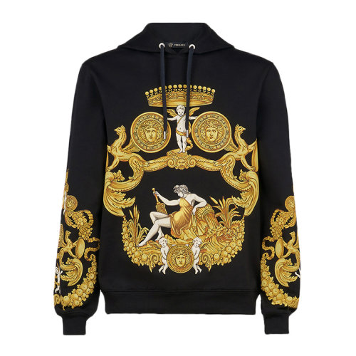 VERSACE 范思哲 男士 服裝 21春夏 黑色連帽刺繡印花棉質(zhì)長袖衛(wèi)衣 男衛(wèi)衣
