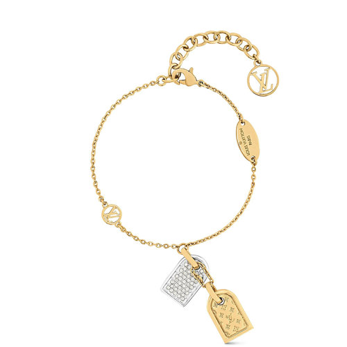 Louis Vuitton/路易威登 經(jīng)典款PRECIOU系列 金色金屬配銀色飾物徽標(biāo)印刻鍍水晶銘牌手鏈M00579