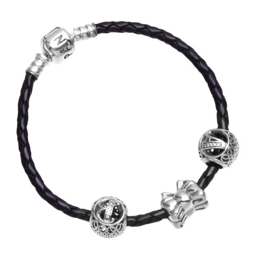 PANDORA/潘多拉 女士925銀字母蝴蝶結黑色皮革手鏈手鐲 PAND00097