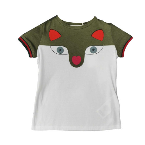 GUCCI 古馳 綠-白拼色卡通狐貍印花兒童T恤 短袖