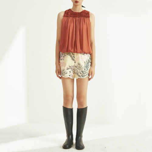 nisiss/怡夕碎褶拼接領(lǐng)雪紡背心女士短袖T恤y156xv15