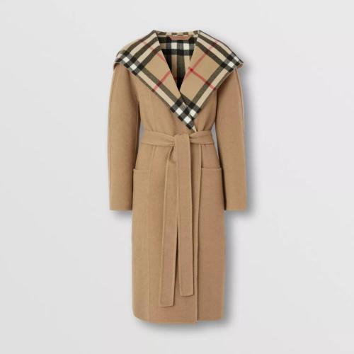  BURBERRY 22年秋冬 女士 格紋裝飾羊毛圍裹式連帽大衣 80610041