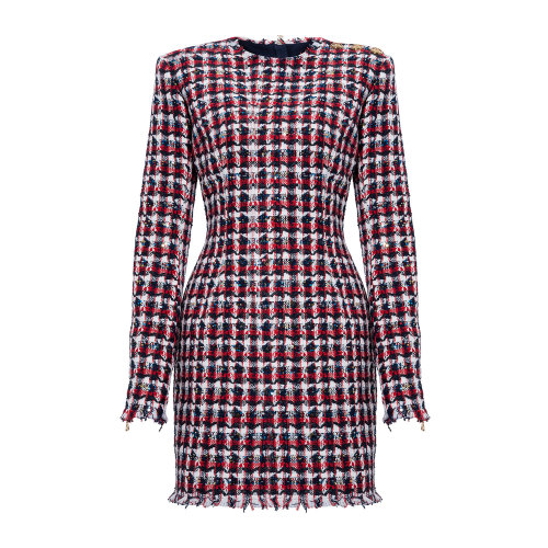 Balmain/巴爾曼 紅色 女士千鳥(niǎo)格紋粗花呢連衣裙 UF06200C263  秋冬