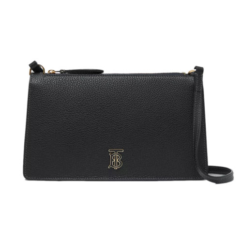 BURBERRY/博柏利 22新款 女士黑色粒面皮革拉鏈開合金色字母拋光金屬飾面皮表帶手拿包80606411