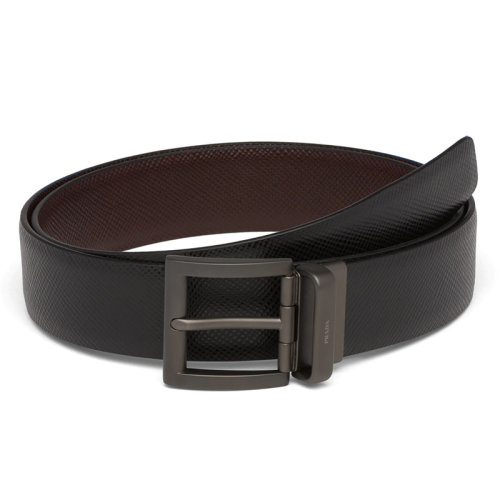 PRADA/普拉達  男士黑色/咖啡棕色摩洛哥皮革金屬搭扣雙面腰帶33毫米2CC004_2FAD_F0XCR