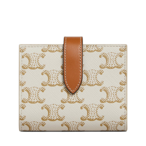 CELINE/賽琳  小號(hào)白色凱旋印花涂層帆布黃褐色小羊皮飾邊錢包10H262DB7.01TA