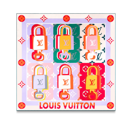 Louis Vuitton/路易威登 22年秋冬新款 LV UNLOCKED 90系列 女士粉色桑蠶絲標志性掛鎖圖案方巾絲巾M77658