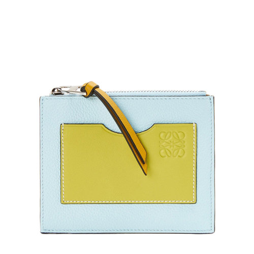 LOEWE/羅意威  女士檸檬黃色水晶藍(lán)色柔軟粒面小牛皮拉鏈卡包卡片夾0010640050