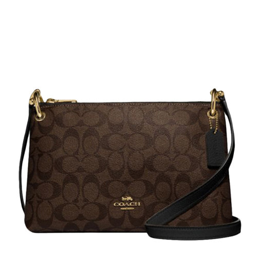 COACH/蔻馳 女士棕黑拼色涂層帆布配皮經(jīng)典雙C字母徽標(biāo)印花裝飾拉鏈開合單肩包斜挎包女包 F76646IMAA8
