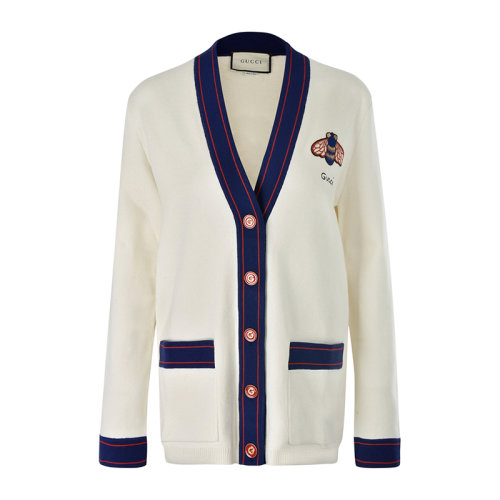 GUCCI/古馳  女裝 服裝 淡黃色棉質(zhì)經(jīng)典蜜蜂logo時(shí)尚長袖針織衫外套 女士針織衫