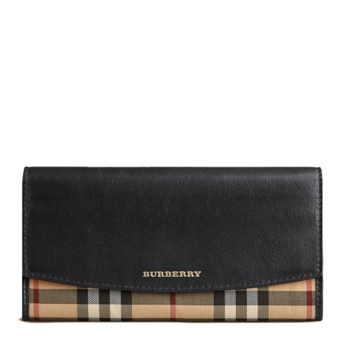 BURBERRY/博柏利 女士皮革長(zhǎng)款錢包錢夾格紋拼接翻蓋多層黑色手拿包 3930748
