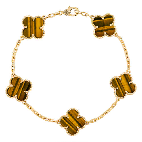 Van Cleef & Arpels/梵克雅寶 經(jīng)典Vintage Alhambra系列 18k金黃金虎眼5四葉草手鏈VCARD35600