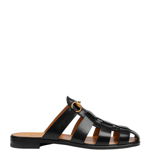 GUCCI/古馳 22年春夏新款 男士黑色皮革馬銜扣拖鞋涼拖693194UCR001000