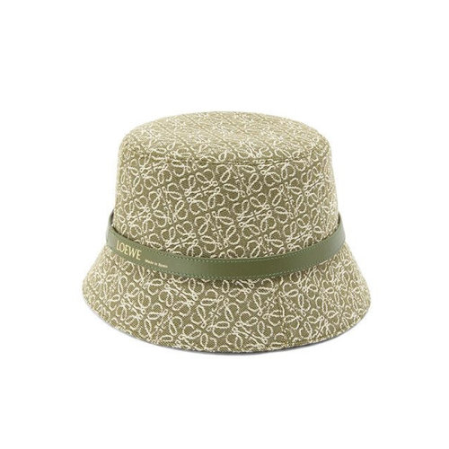 LOEWE/羅意威 22年春夏新款 女士綠色/牛油果綠色提花布和牛皮革老花圖案水桶帽漁夫帽K820HB1X07-4364