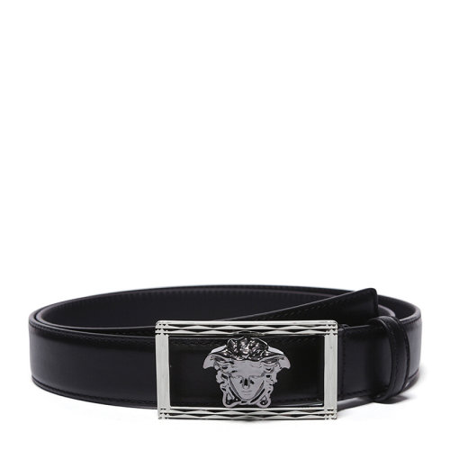 VERSACE JEANS 范思哲 男士 黑色牛皮美杜莎頭像窄款板扣腰帶 男士腰帶 DCU5585-DVTP1-D41EP