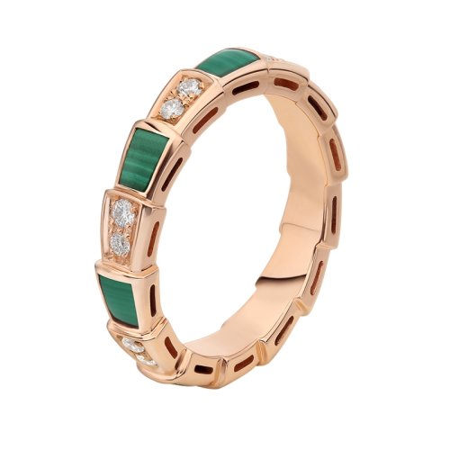 BVLGARI/寶格麗 Serpenti Viper系列 經典款孔雀石 18K金玫瑰金 帶鉆 蛇形戒指 356773