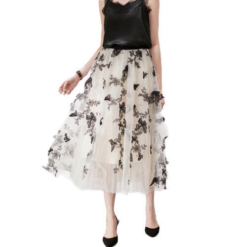 GeleiStory/GeleiStory 春季新款松緊腰中長(zhǎng)款仙氣質(zhì)刺繡網(wǎng)紗半身裙 女裝＞女士裙裝＞女士半身裙