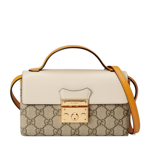 GUCCI/古馳  Padlock系列 女士迷你米色/烏木色GG Supreme帆布白色皮革單肩斜挎包?65268396GAG9763