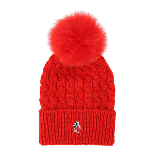 Moncler/蒙克萊 女士羅紋羊毛頂部毛絨球裝飾正面刺繡徽標針織帽無檐帽女帽 3B70001-0402A 多色可選