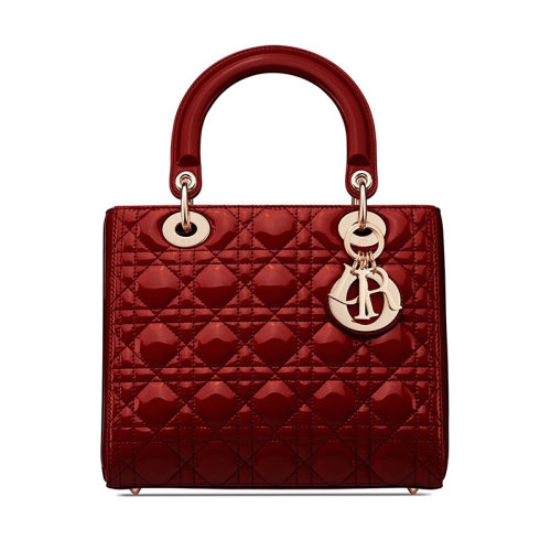 DIOR/迪奧 20新色LADY DIOR系列 櫻桃紅漆面小牛皮金扣藤格紋中號手提五格戴妃包 M0565OWCB_M323