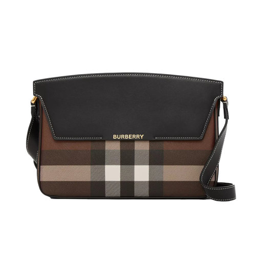 BURBERRY/博柏利 Catherine系列 女士深棕色皮革格紋圖案翻蓋磁扣開(kāi)合壓花字母拆卸肩帶手提肩背包80611301