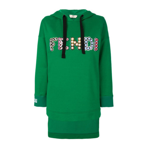 FENDI/芬迪 女士綠色棉質(zhì)經(jīng)典字母徽標裝飾連帽抽繩不對稱衛(wèi)衣上衣運動衫 FS6972-A1VN-F10BO