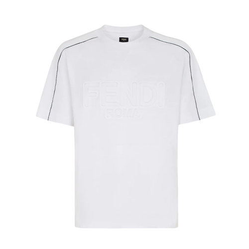 FENDI/芬迪 22年早春新款 男士白色純棉對(duì)比色Roma滾邊短袖T恤FY1100AI7FF0WA0