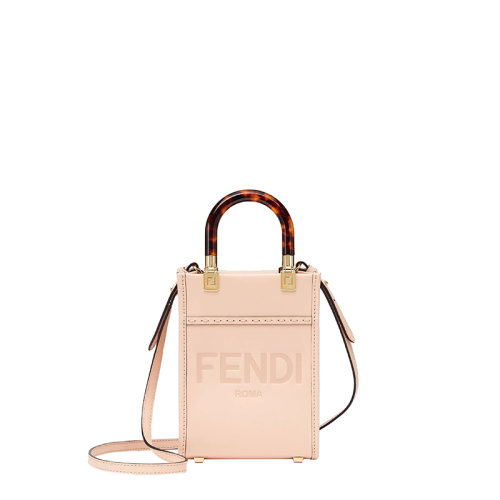 FENDI/芬迪 22春夏新款Sunshine系列 女士迷你粉色小牛皮徽標(biāo)ROMA壓紋雙玳瑁手柄手拿包單肩包8BS051ABVLF1HDG