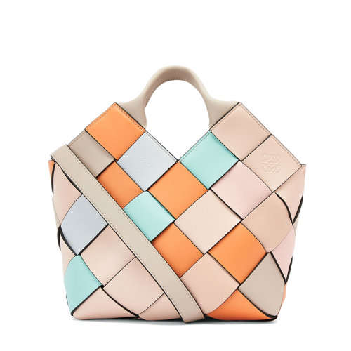 LOEWE/羅意威 22春夏新款Surplus系列 女士小號金色杏色拼色牛皮革編織單肩手提籃A521T32X22-7153