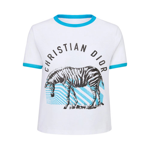 DIOR/迪奧 22年春夏新款 女士白色/熒光藍(lán)色純棉D(zhuǎn)-Jungle Pop圖案短袖T恤223T18A4499_X5804