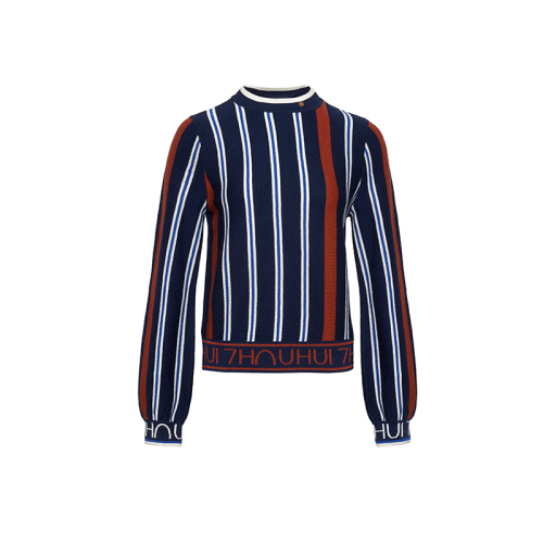 HUI/卉 女士針織衫/毛衣2020秋季新品撞色豎條紋毛衫圓領(lǐng)套頭衫設(shè)計(jì)