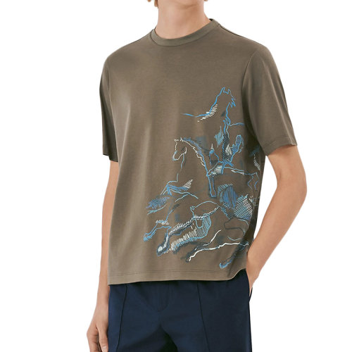 HERMES/愛馬仕 22年春夏新款 男士大麻黃色純棉Cavalcade印花短袖T恤H257830HA99SM