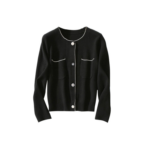 GeleiStory/GeleiStory  優(yōu)雅小香風珍珠鉆扣亮絲鑲邊羊毛針織短款開衫  女裝＞女針織衫/毛衣＞女士針織衫/毛衣