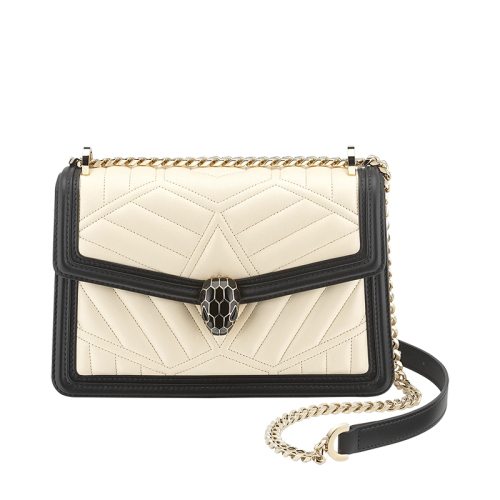 BVLGARI/寶格麗 SERPENTI DIAMOND BLAST系列 女士小號(hào)白色絎縫納帕皮黑色皮革飾邊翻蓋黑色蛇頭扣鏈條單肩斜挎包291015
