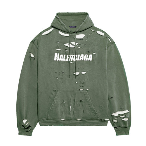 Balenciaga/巴黎世家      HOODIE DESTROYED系列 男士深綠色和白色中重抓絨衛(wèi)衣連帽衫659403TKVB63011