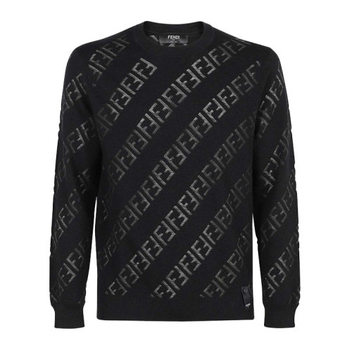 FENDI/芬迪 男士黑色羊毛經(jīng)典雙F字母徽標(biāo)印花裝飾圓領(lǐng)長袖上衣POLO衫 FZY111-AH3B-F0QA1