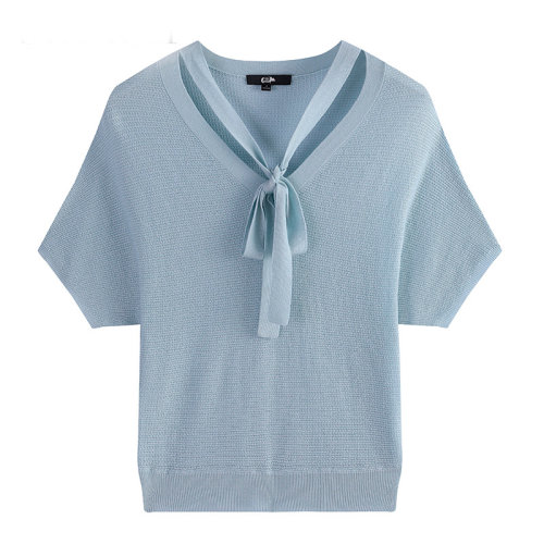 SHOKAY/繡嘉 女士針織衫/毛衣 系帶V領(lǐng)蝙蝠短袖針織衫