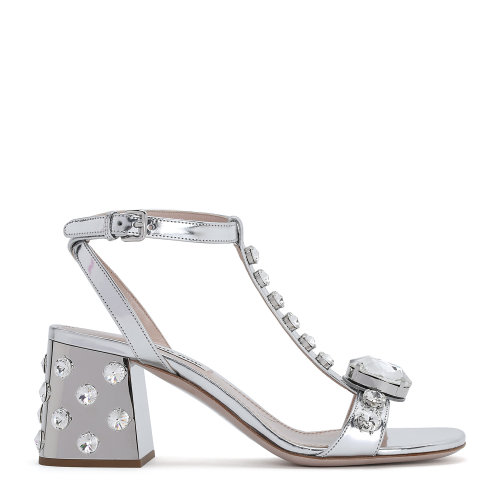 MiuMiu/繆繆 銀色 女士仿水晶裝飾金屬皮革高跟涼鞋 5X977C_3L1N_F0118_F_065